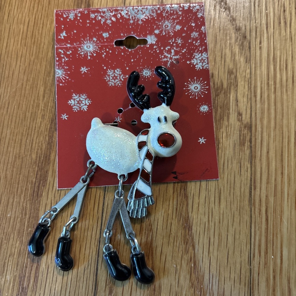 Vtg SEARS Articulated Reindeer Brooch Enamel Rudolf Red Nose Xmas Legs Move NEW